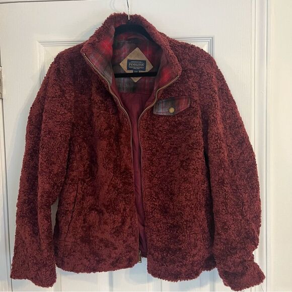 Pendleton sherpa plaid lined retro fuzzy fleece  burgundy Jacket Small - Picture 1 of 7